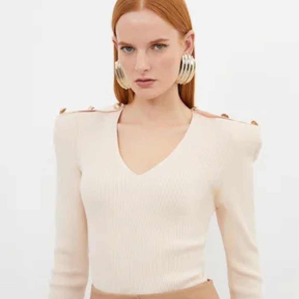 Karen Millen Viscose Blend Dry Handle Rib V Neck Military Rim Knit Top Size Smal